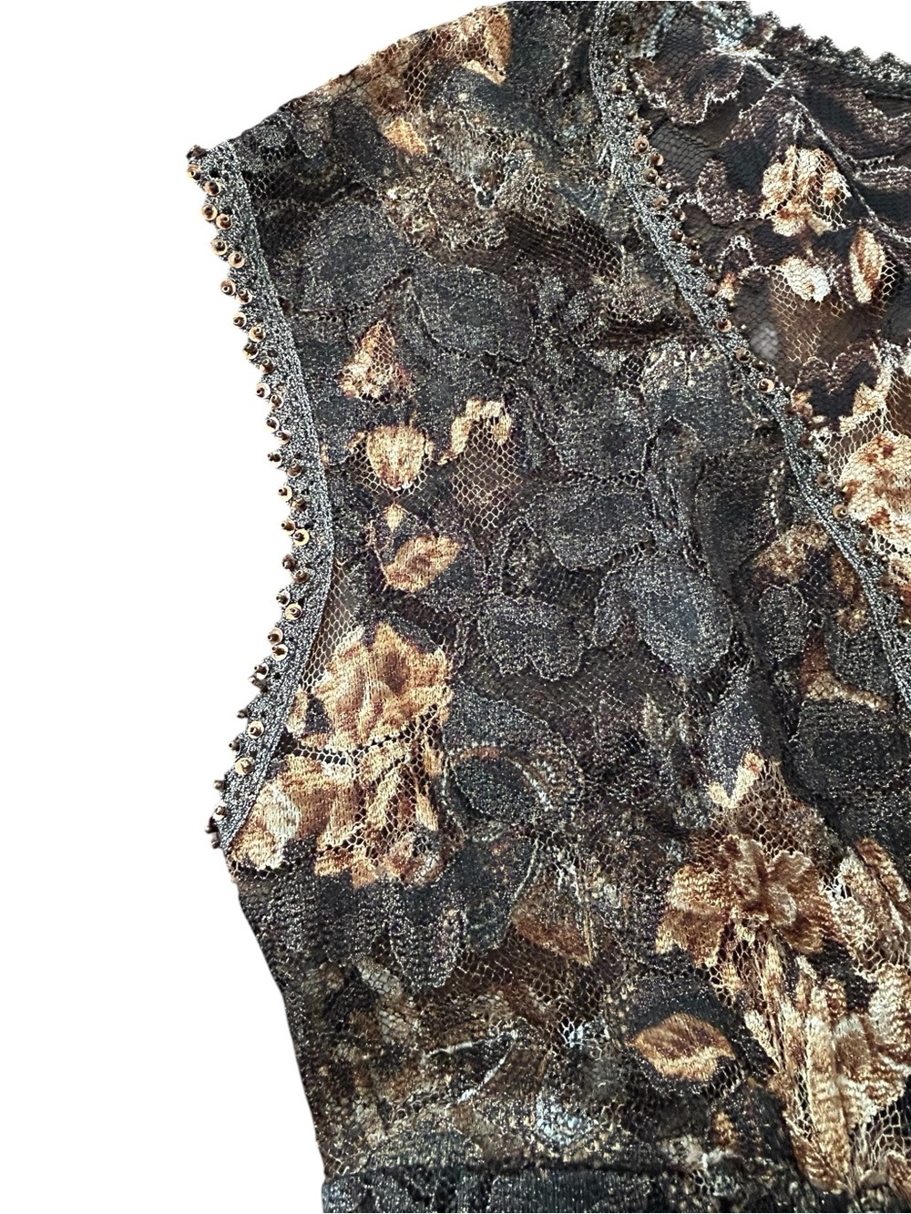 Karen Kane Brown Floral Lace-Trim V-Neck Spice Market Shirred Top SZ L Rare NWT - Picture 7 of 14